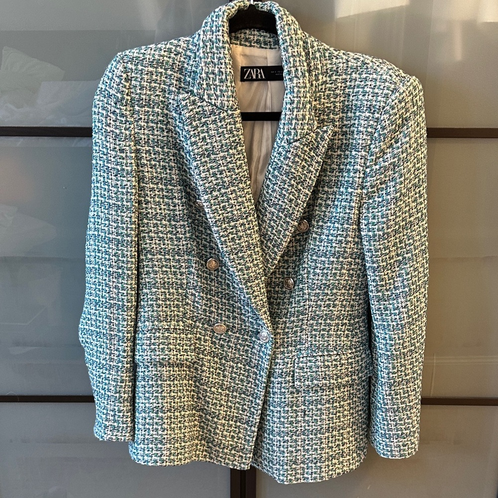 Zara Teal and White Tweed Double-Breasted Blazer